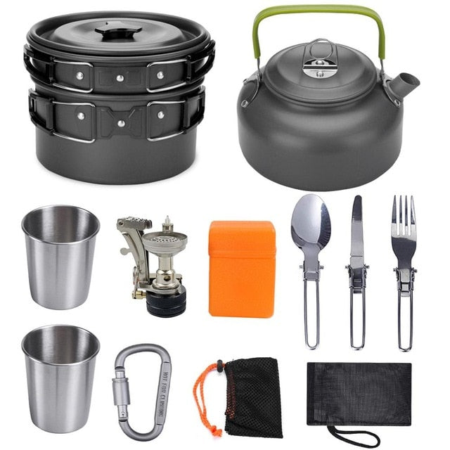 SET OF OUTDOOR NON-STICK POTS PANS with stove & Folding cutlery