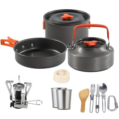 SET OF OUTDOOR NON-STICK POTS PANS with stove & Folding cutlery