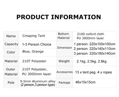 Waterproof Portable Backpacking Camping Tent info